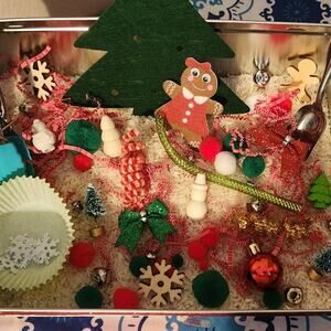 Christmas sensory bin handmade add ins Xmas tree gingerbread snowflake ornament